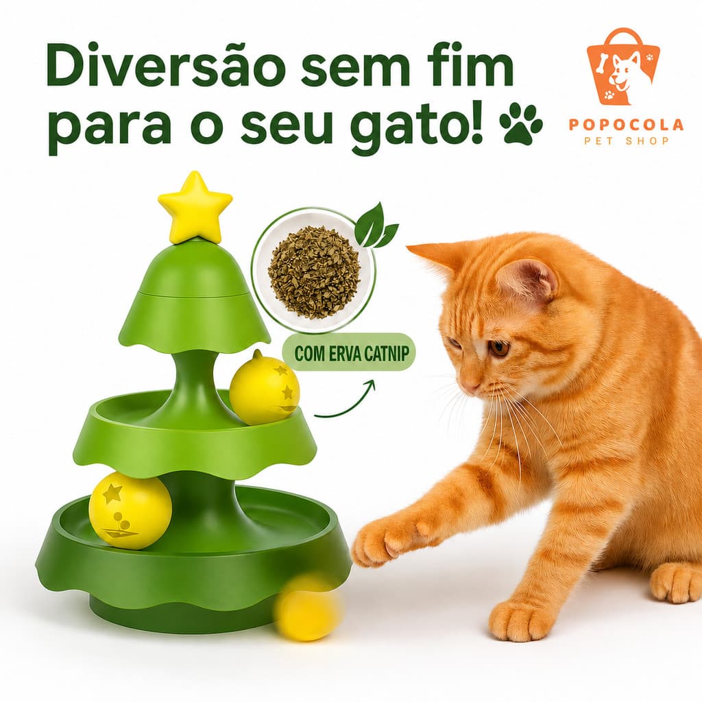 Torre Árvore de Natal Interativa para Gatos com Erva Catnip Dentro, Bolas Giratórias e Sinos – Diversão Garantida