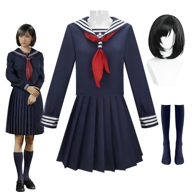 Novidades: Fantasia de Cosplay de Hinako Shimizu com Peruca, Máscara Vermelha e Uniforme Escolar Azul Marinho com Sangue