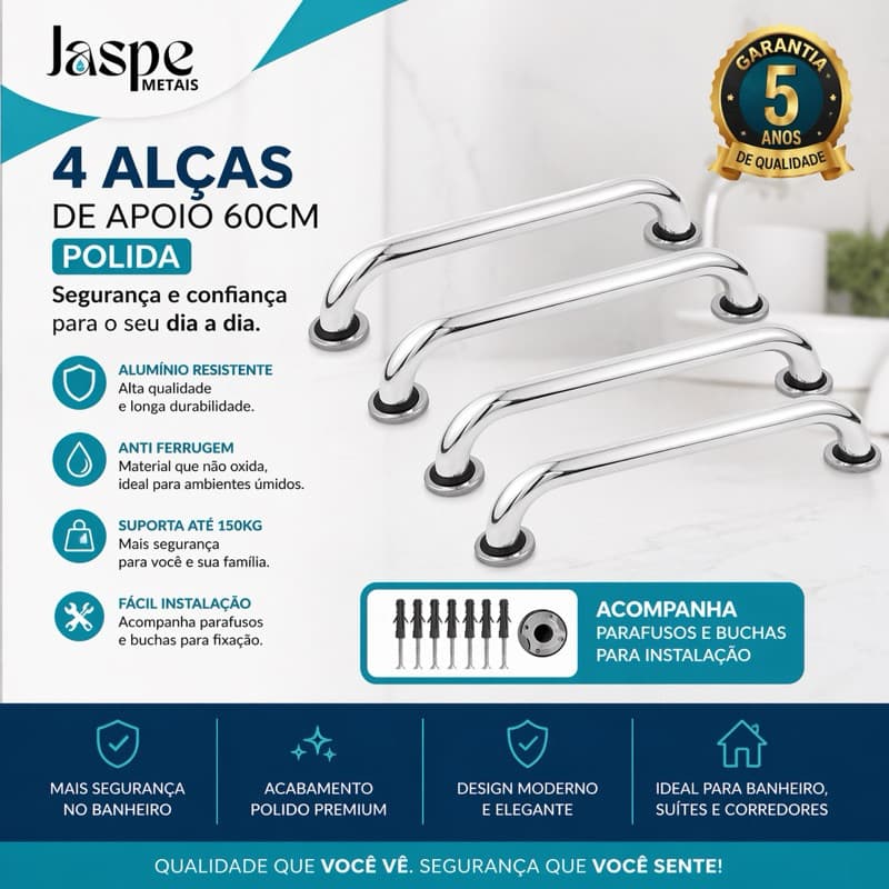 Kit 4 Barras de Apoio 60cm Banheiro Acessibilidade PCD Idosos Segurança  Alumínio Alças de Segurança