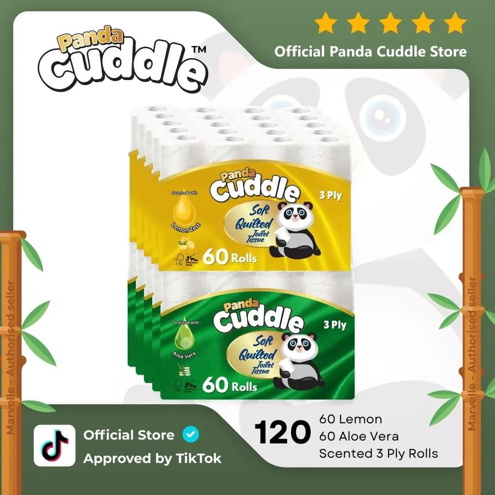 PANDACUDDLESOFTEESE120TOILETROLLS/Limão + ALOE/5x12pkLEMON/5x12pkALOEscented (CuddlePanda3PLY) Folhas Levesflushablebanh