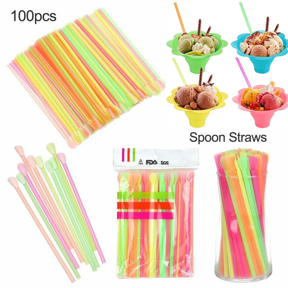 Conjunto de 100 peças COHC de canudos para bebidas de praia, canudos com colher para smoothies, canudos multicoloridos p