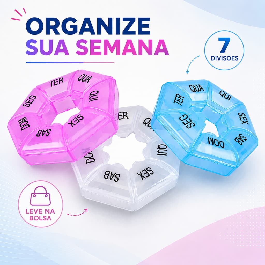 Porta Comprimidos Semanal 7 Divisões Circular Organizador Remédios Viagem