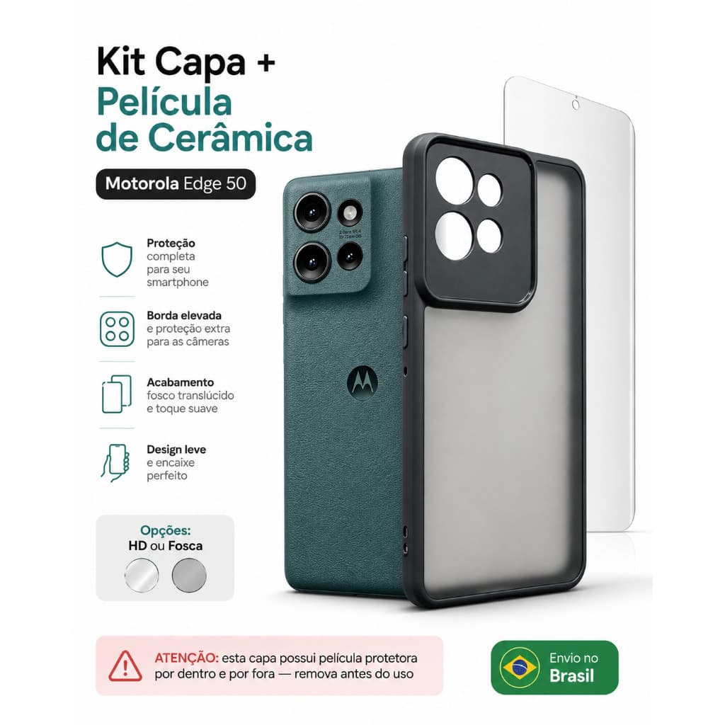 Kit Capa capinha translucida preto Premium motorola Edge 50+Película Cerâmica HD/Fosca
