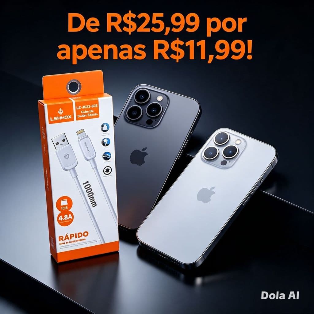 cabo IPhone Lightning 7, 8, 9, XR,11, 12, 13 e 14 Pro Max Turbo Carregamento Rápido IOS