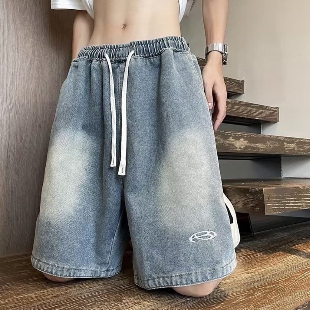 2025 Shorts Jeans Masculino All-Match Trendy Lavado Solto Calça Reta Casual Fina Calça de Cinco Pontos #
