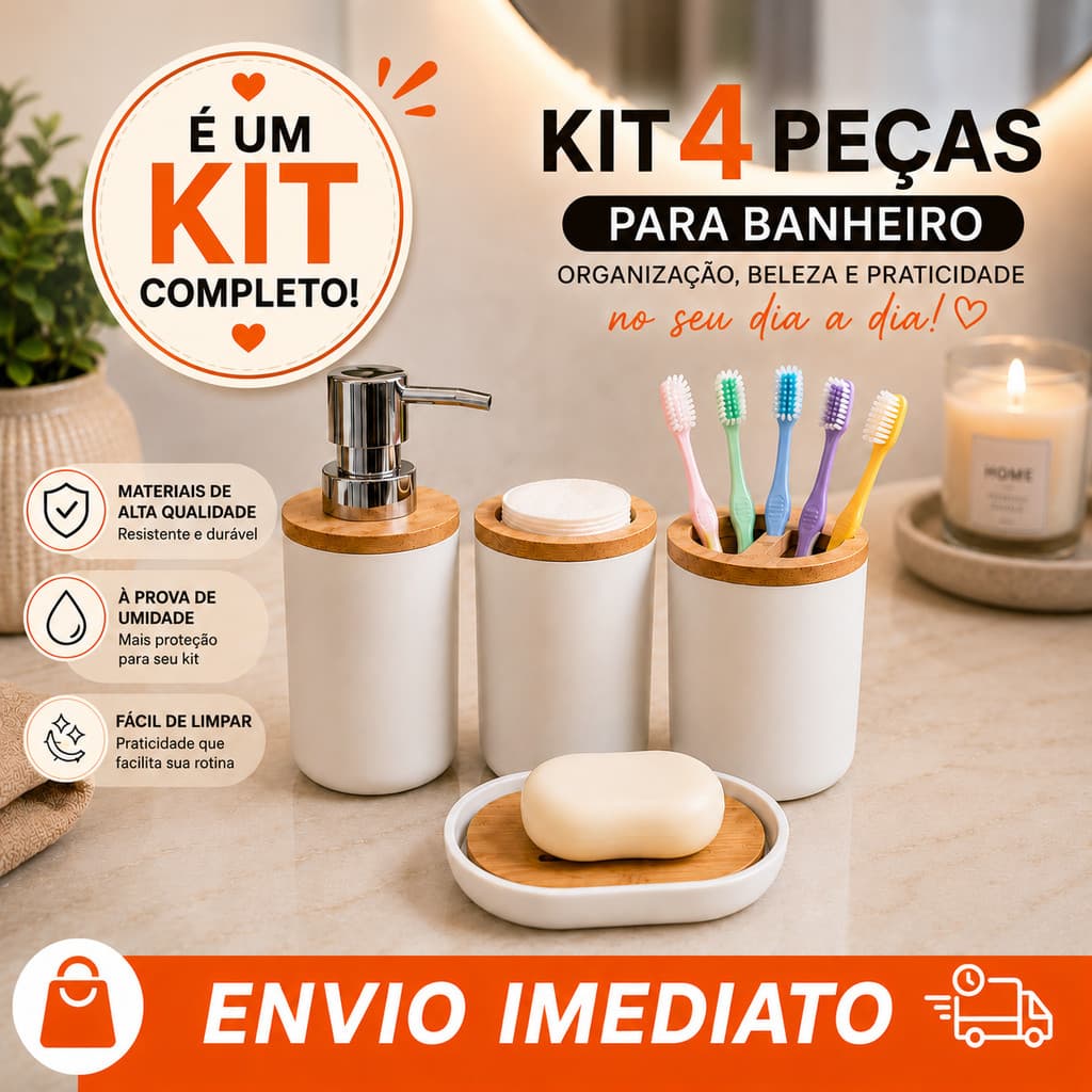 Kit 4 Peças Para Banheiro Porta Sabonete Líquido Algodão Escovas e Saboneteira Branco com Bambu
