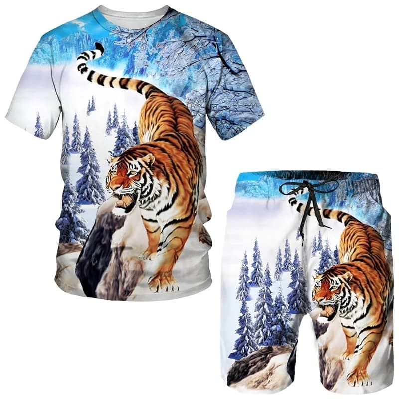 Conjunto de Camisetas e Shorts Masculinos com Estampa 3D de Tigre de Verão, Roupas Esportivas para Casal com Padrão Anim