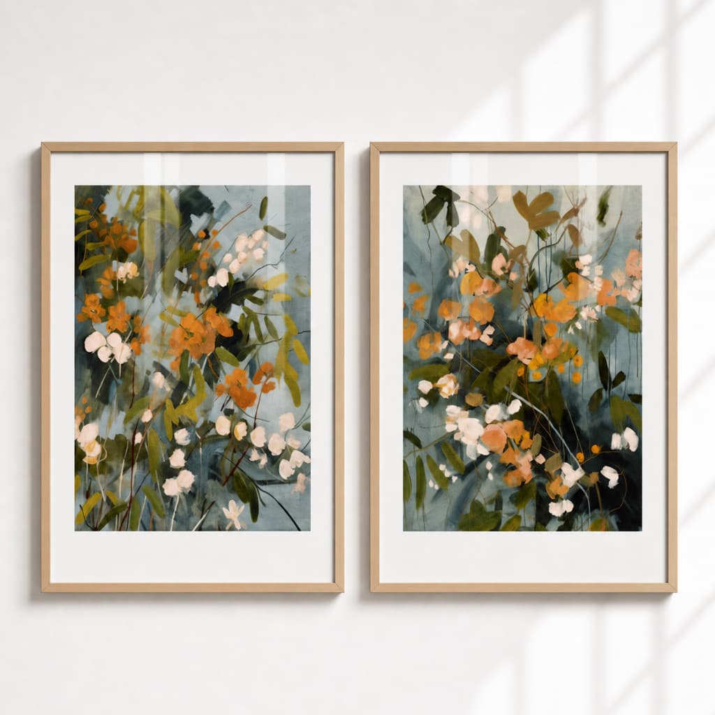 Duo Quadros Floral Abstrato Laranja Sala Boho  Moldura e Vidro