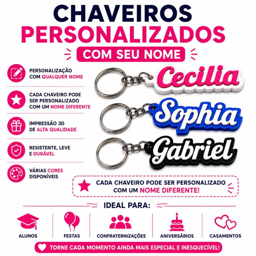 Kit Com Chaveiro Personalizado Nome 3D PLA Colorido Presente Lembrancinha Criativa Personalizada Festa Escola Casamento