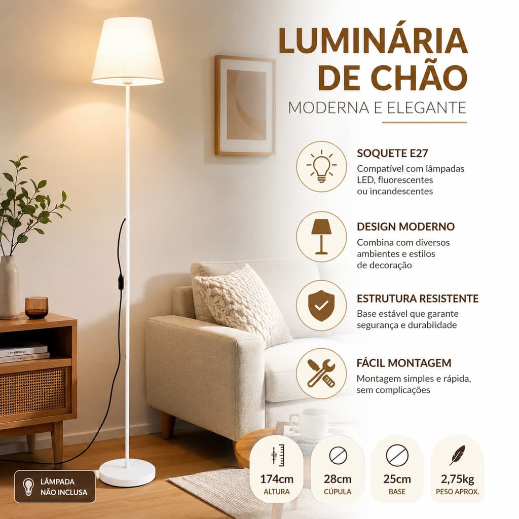 Luminária de Chão Abajur de Piso Moderno com Cúpula E27 para Sala Quarto Escritório Decoração Minimalista