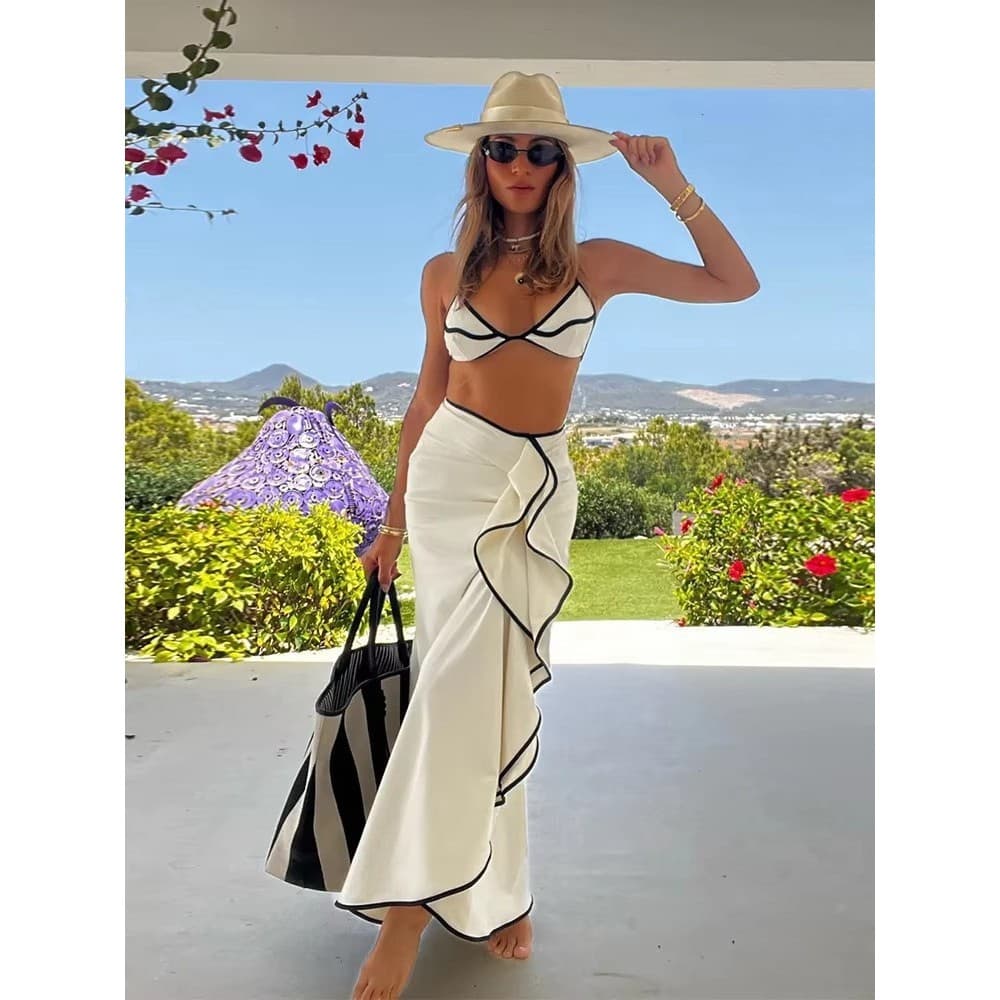 2026 Conjunto de três peças preto branco cor combinando biquíni feminino maiô triângulo biquíni com cadarço20260721