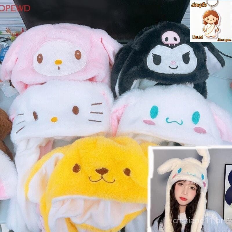 Sanrio Jumping Up Cap Cinnamoroll My Melody Ear Moving Hat Kawaii Kuromi Chapeu De Pelúcia Macio Brinquedos Brin