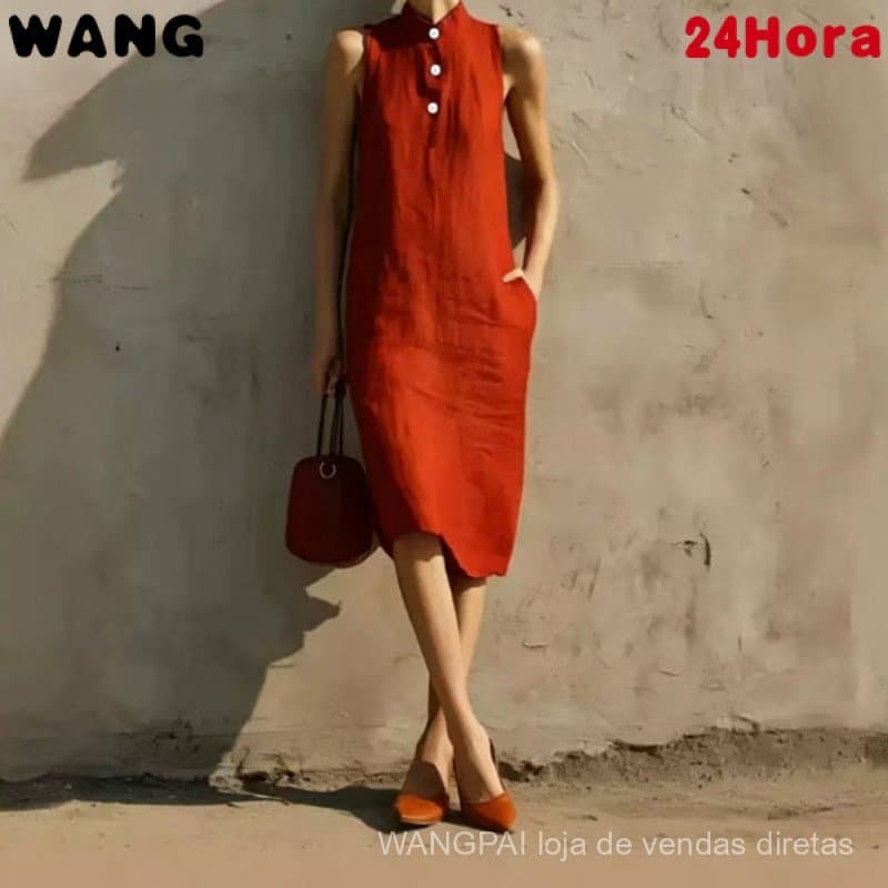 Vestido Feminino Solto Sem Mangas em Cor Sólida