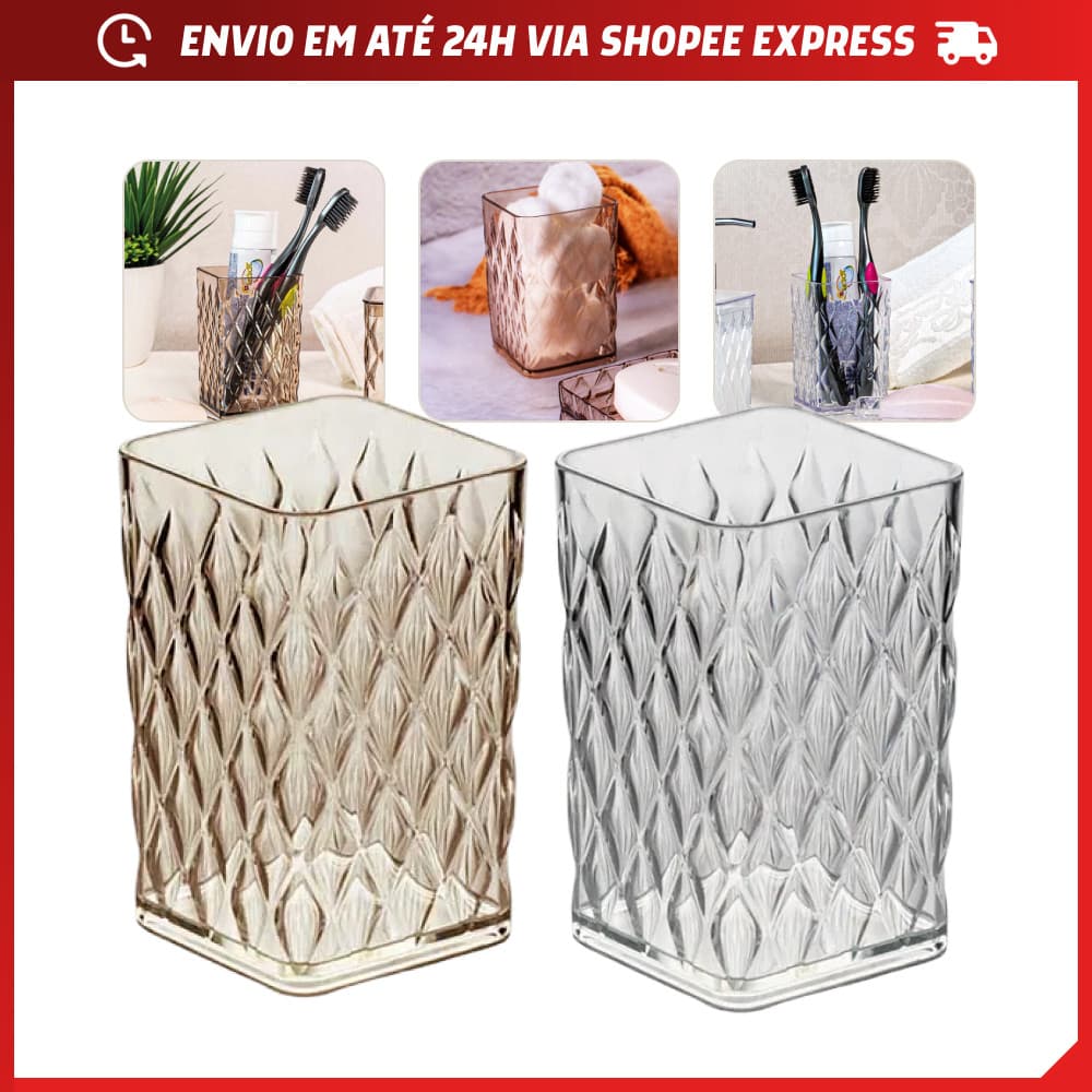 Porta Escova Copo Linha Cristal Facetado 300ml Poliestireno Resistente BPA Free Ambar ou Incolor