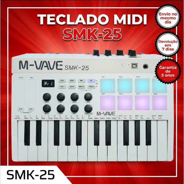 M-WAVE Controlador de teclado MIDI USB de 25 teclas com 8 pads de bateria retroiluminados, 8 botões e 2 faixas tácteis