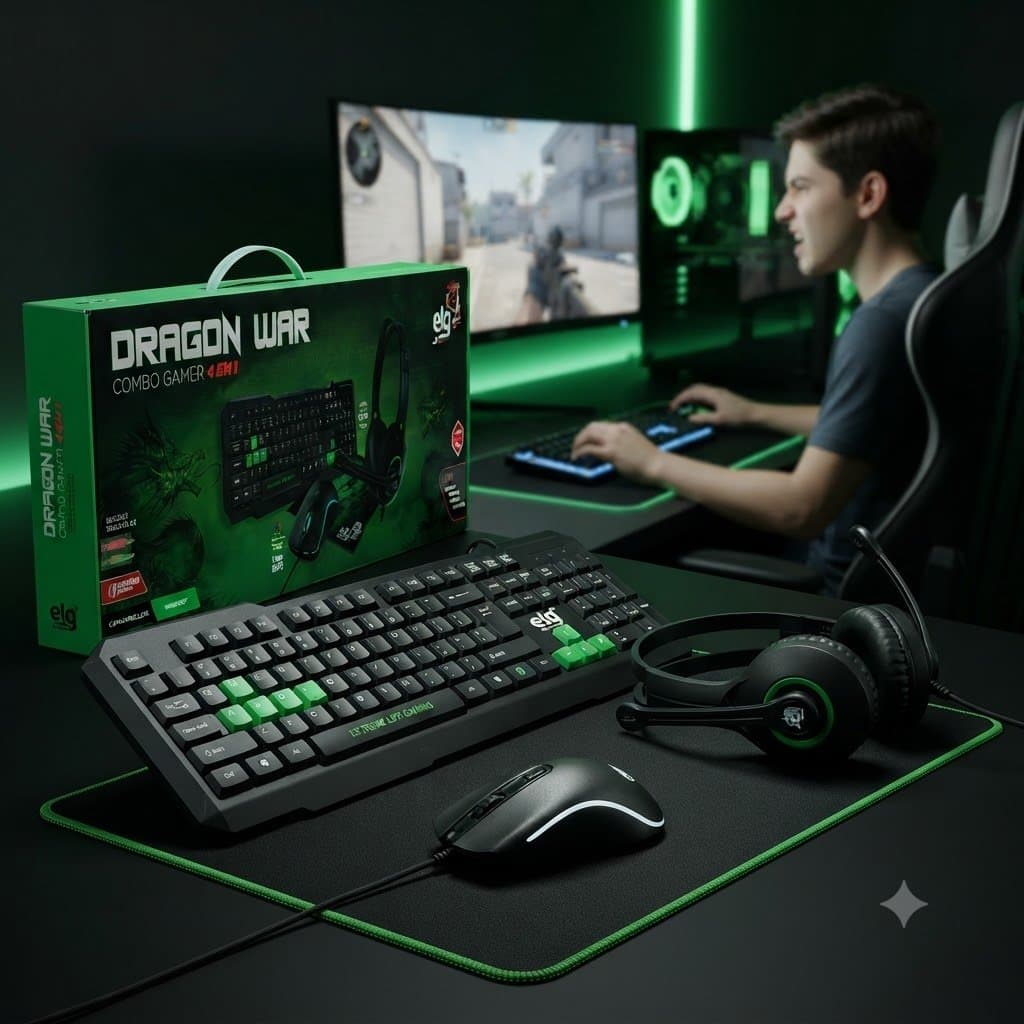 Kit Gamer ELG Dragon War 4 Em 1 Teclado ABNT2 Mouse Gamer 2400 DPI Headset Estéreo Mousepad Speed  Plug Play PC Notebook