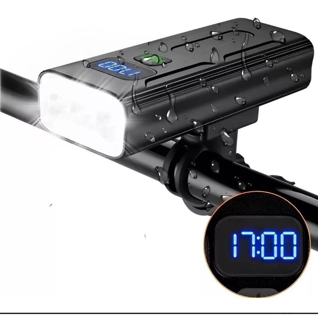 Farol Bike 3 Leds T6 Com Medidor De Bateria Digital 18hrs Recarregavel Usb C/ Power Bank