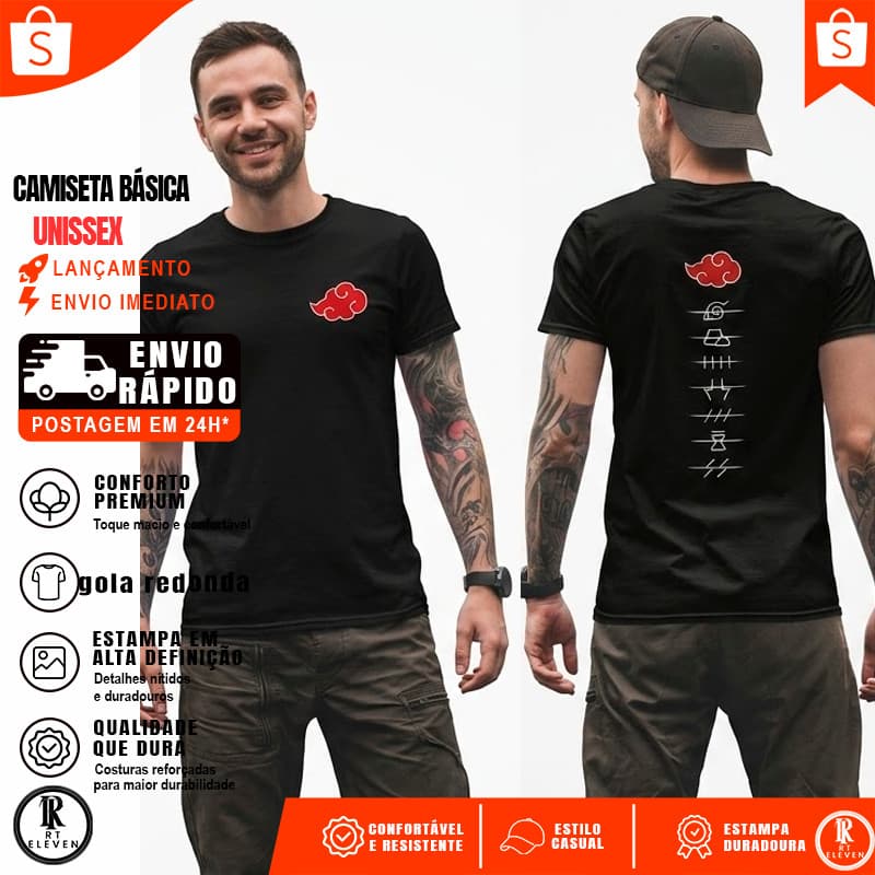 Camiseta Masculina Akatsuki Itachi Pain Naruto Camiseta Unissex 100% Algodão Masculina feminina infantil e plus size
