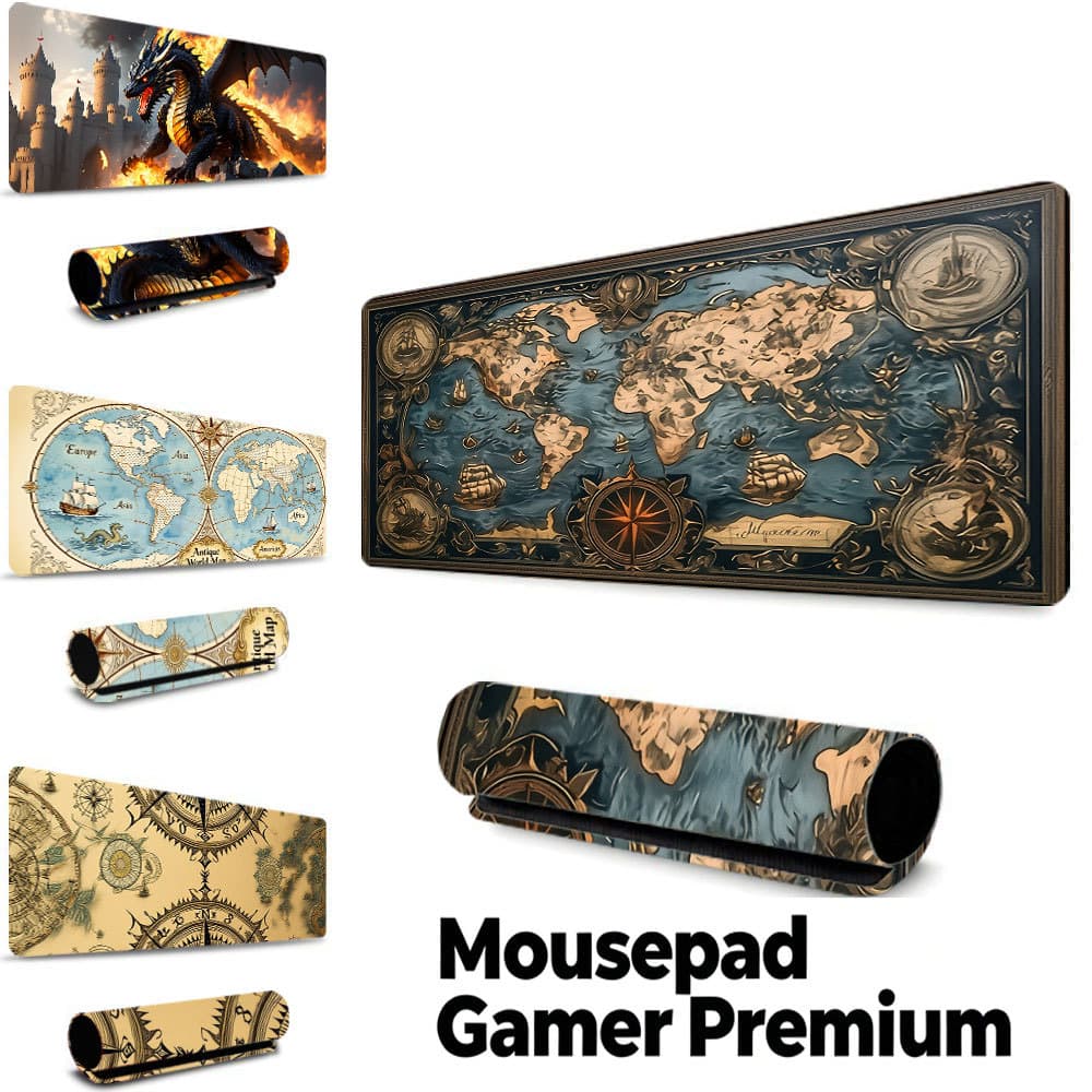 Tapete Gamer Mapa Náutico Azul Bússola, borda costurada, base borracha antiderrapante, à prova d'água escritório gamer
