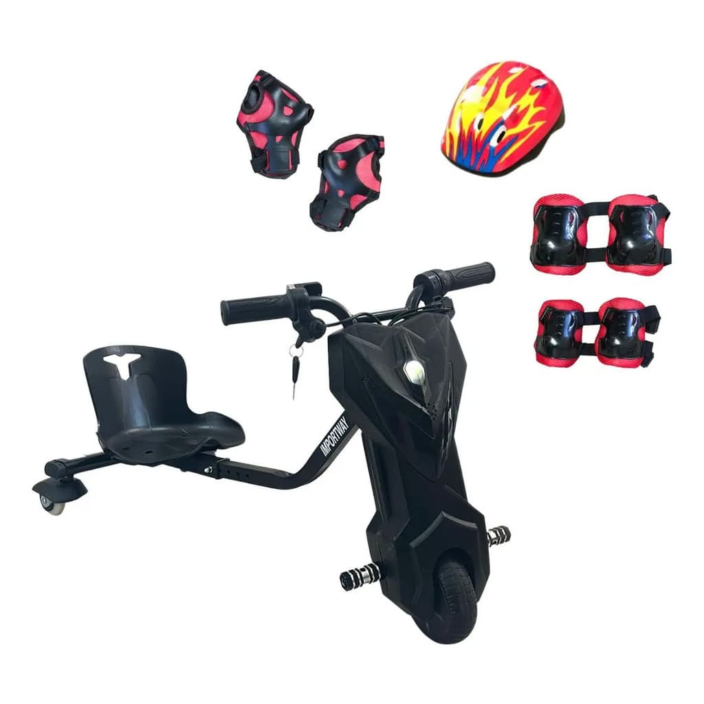 Triciclo Eletrico Drift Infantil 120W Com Kit Protecao Capacete LED Preto