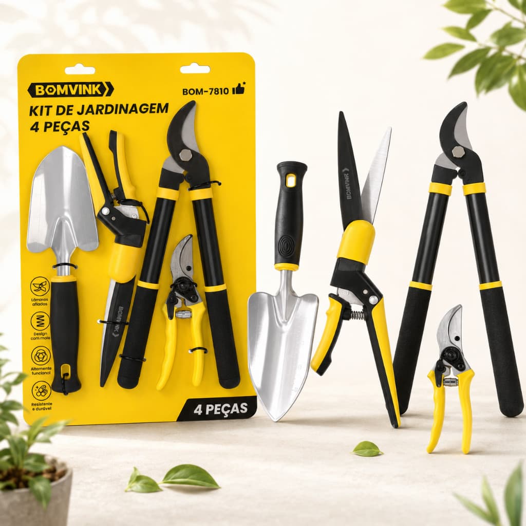 Kit Jardinagem 4 Peças Pá De Mão Tesoura Poda Grama Corta Galhos Ferramentas Jardim Plantas Aço Inoxidável Premium Of