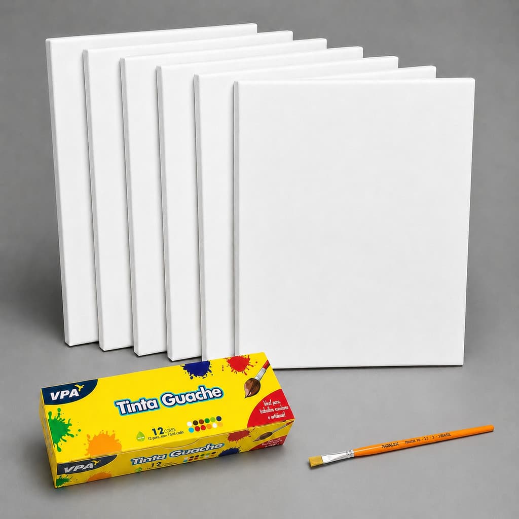 Kit 5 Telas Para Pintura 20x30cm com Tinta Guache 12 Cores e Pincel
