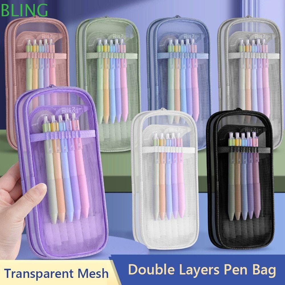 Bolsa Para Caneta BLING , De Papelaria Transparente De Malha , Lápis Portátil De Camada Dupla De Grande Capacidade