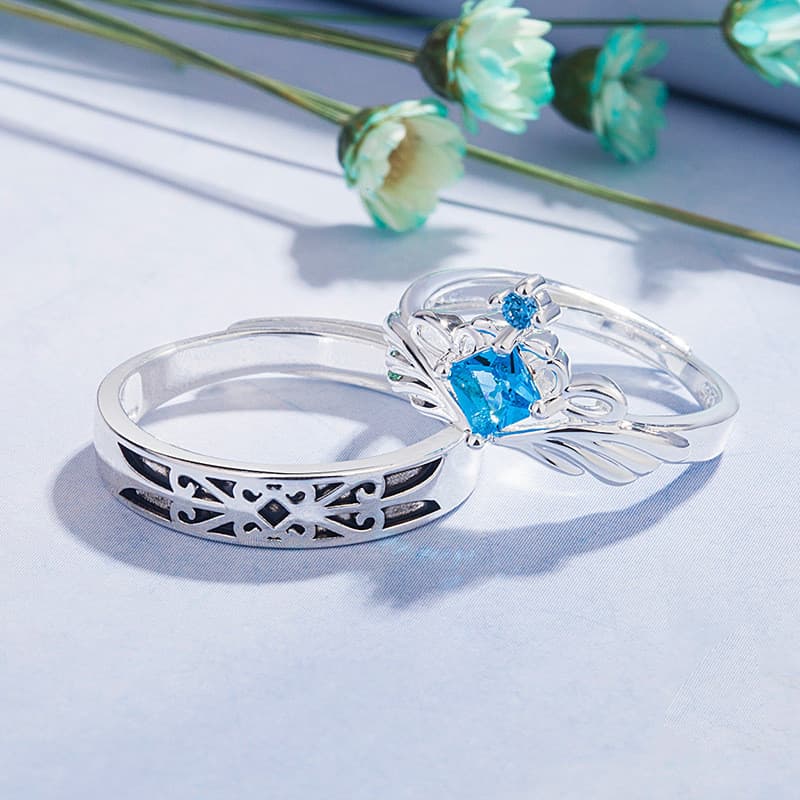 Anel de prata tailandesa com diamante azul para casal de princesa e cavaleiro