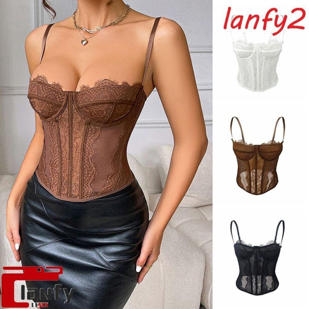 Camisola de Renda LANFY, Corset Transparente Vazado, Top Sem Mangas Estilo Streetwear, Tops Curtos de Primavera Verão