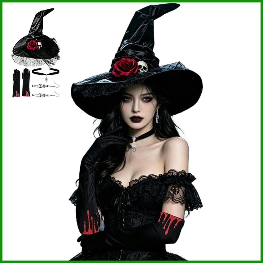 Chapéu De Bruxa Acessórios Luvas Gargantilha Colar Brincos Vestir-Se Adereços Traje Conjunto Para Cosplay tongmy