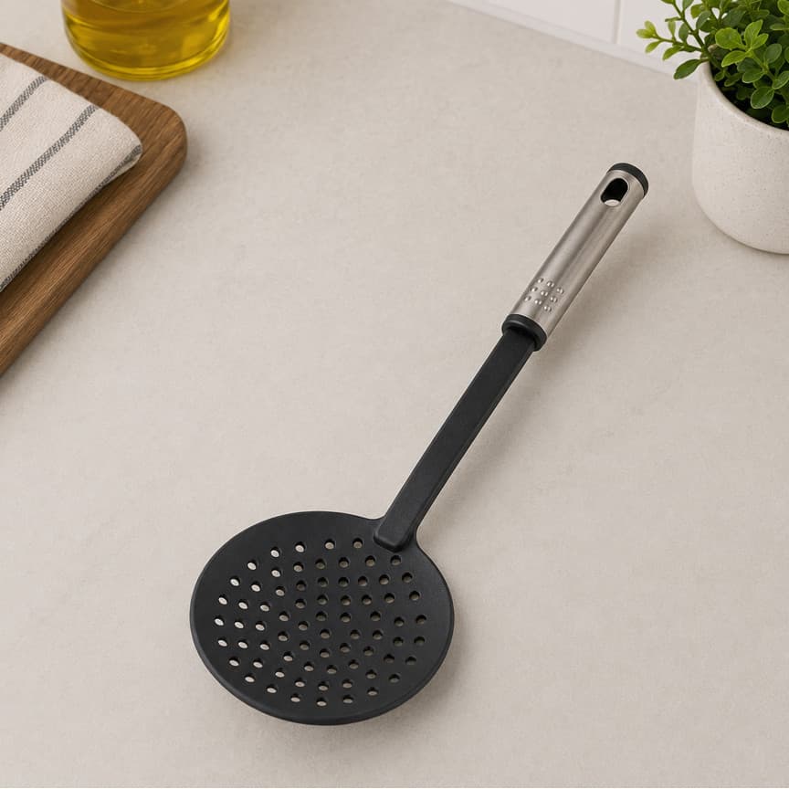 Escumadeira Redonda em Nylon com Cabo em Aço Inox 32,5cm para Cozinha
