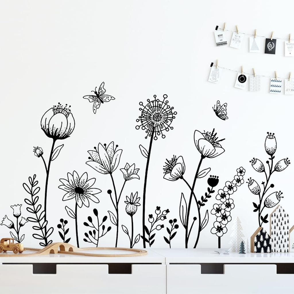 Adesivos de Parede com Flores Pretas, Fácil de Colar, Adesivo de Parede Simples com Flores Boho, Decoração de Parede com