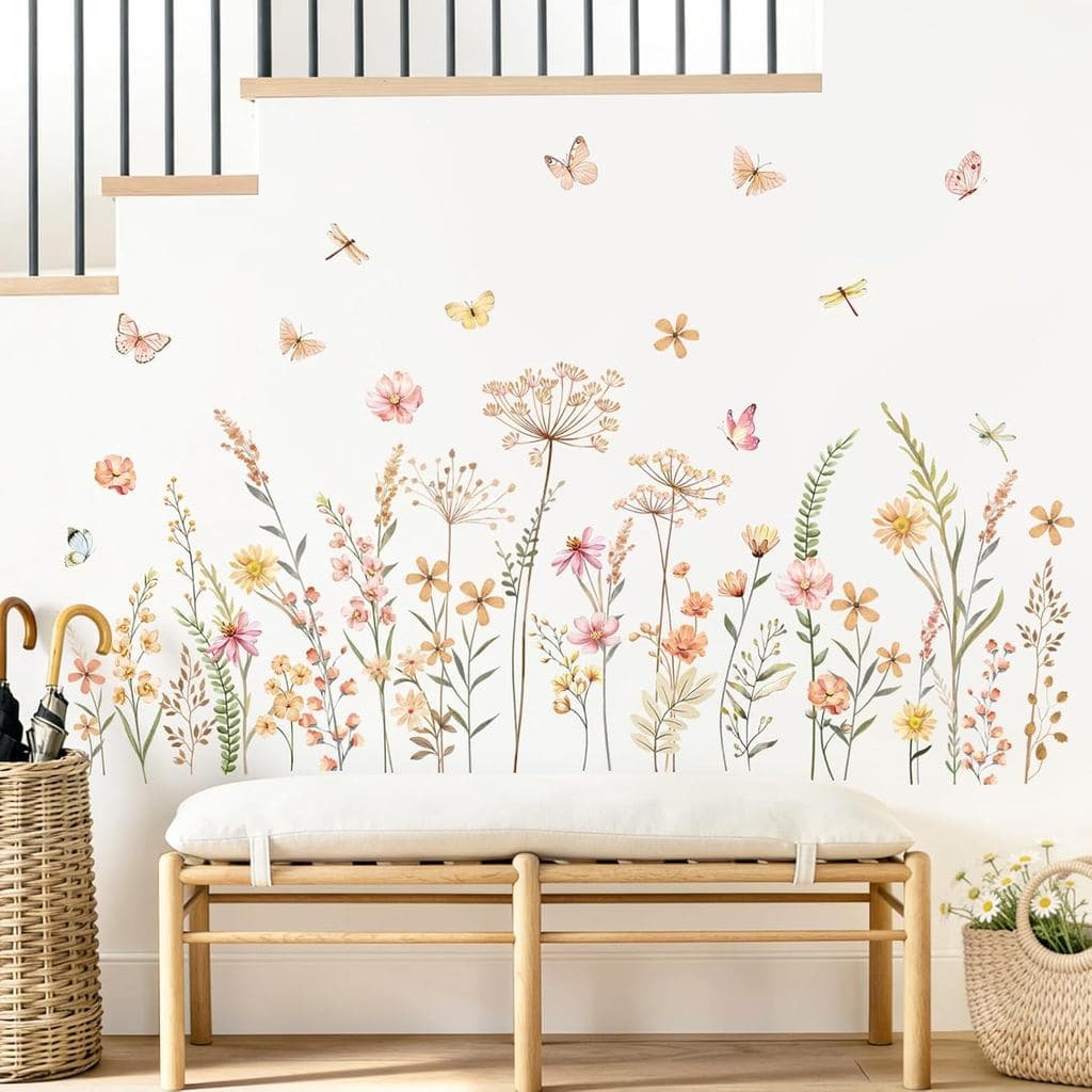 Boho Flower Wall Decals Bohemian Wildflower Grass Wall Stickers Peel and Stick Vinyl Decor for Girls Bedroom Living Room