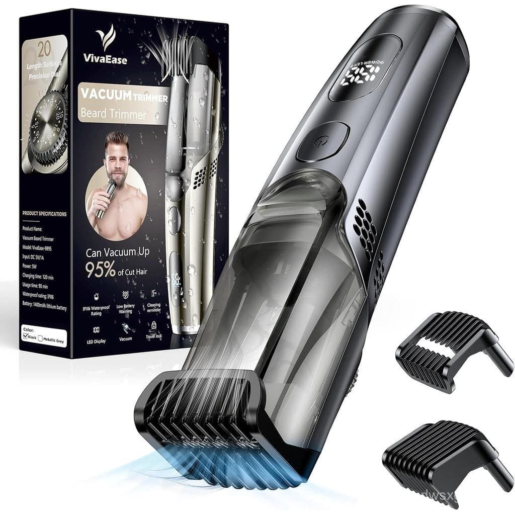 Aparador de Barba a Vácuo para Homens, Nova Versão com Comprimento de Ajustável e 2 Pentes, Aparador Elétrico Sem