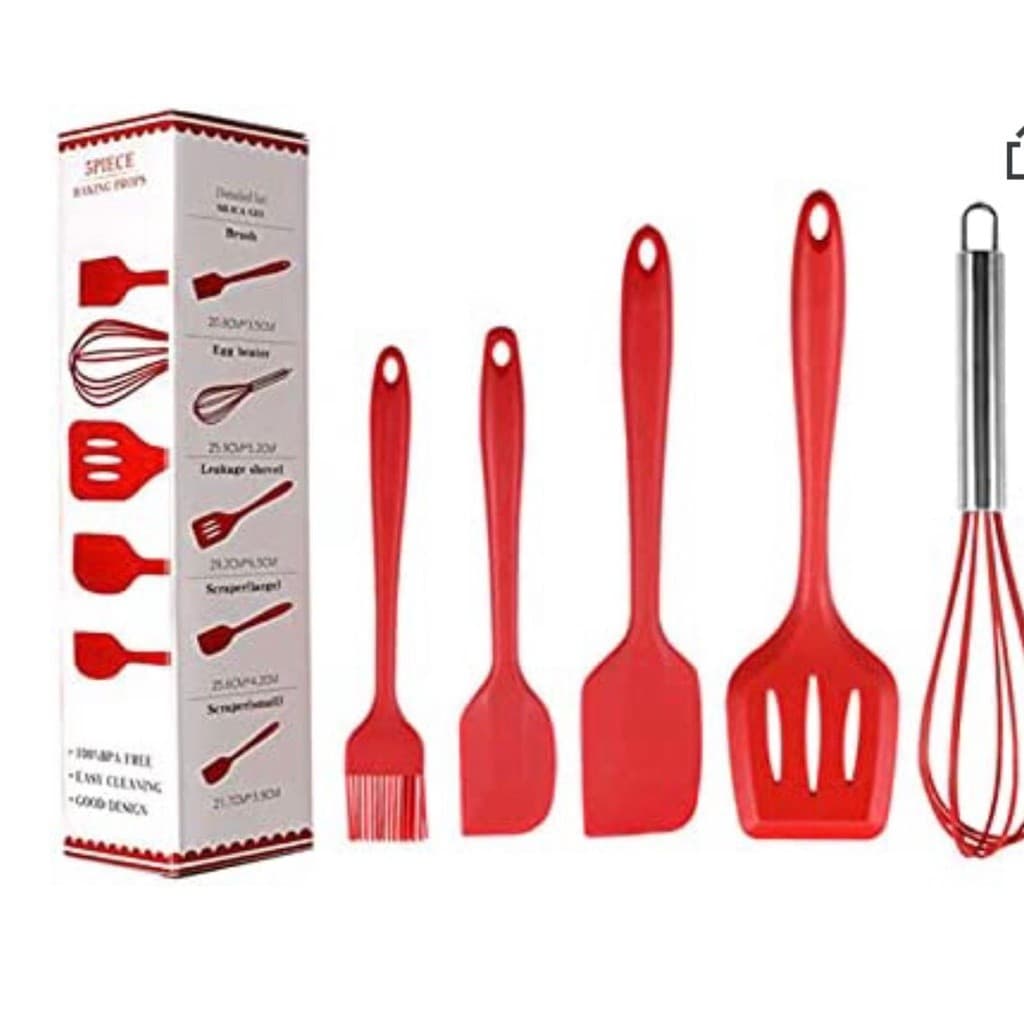 Kit 5 Peças Jogo De Utensílios Cozinha Em Silicone Servir Colher Concha Fouet Espátula