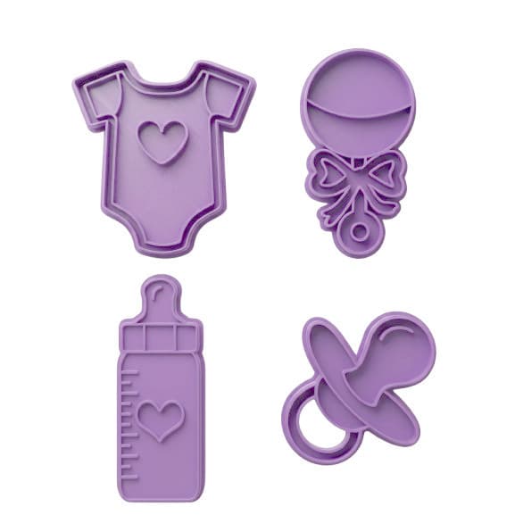 Kit 4 Cortadores de Biscoito Molde Pasta Americana Moldes Biscoitos Bebê Chá de Bebê Nenem Mamadeira Carrinho