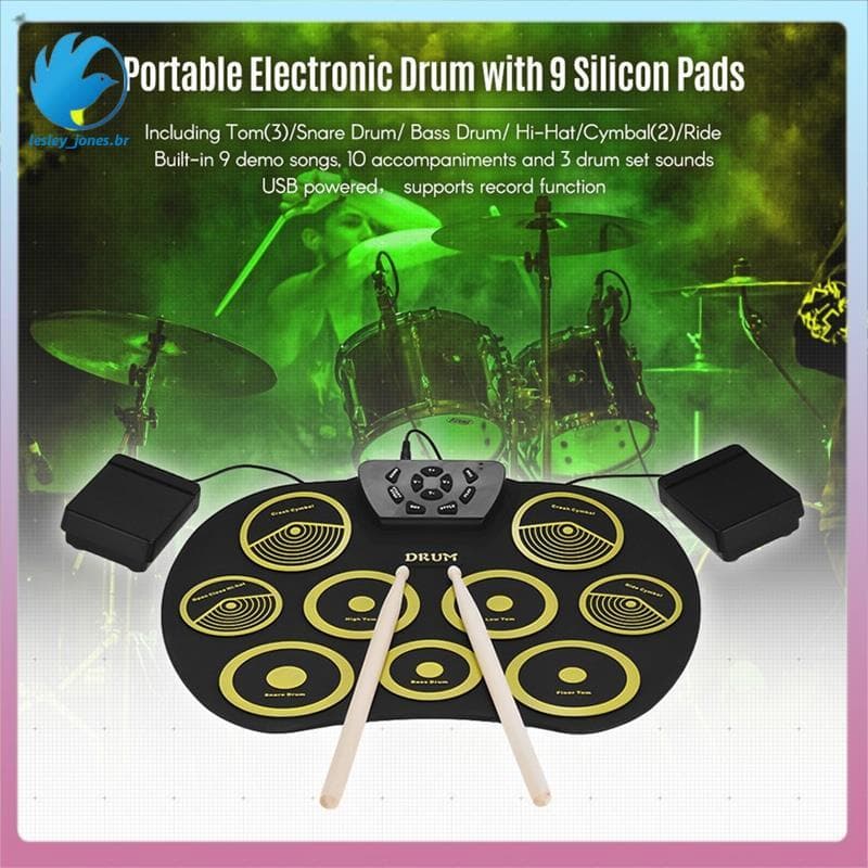 [lesley_jones.br] Conjunto De Bateria Eletrônica Com 9 Almofadas Manual Pedais De Baquetas Para Suporte De Jogos