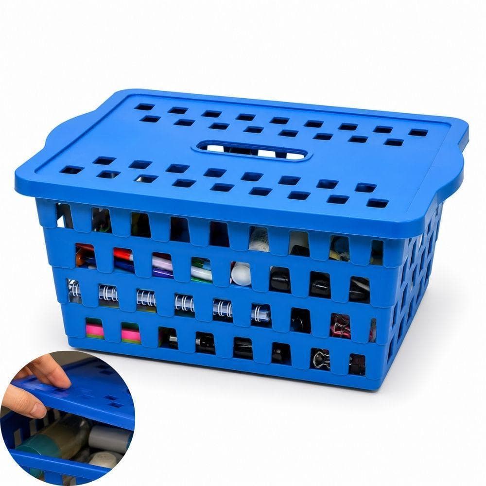 Caixa Organizadora 5L Cesto Tampa Azul Empilhável Porta Objetos Closet Armário Gaveta Escritório Infantil 5 Litros