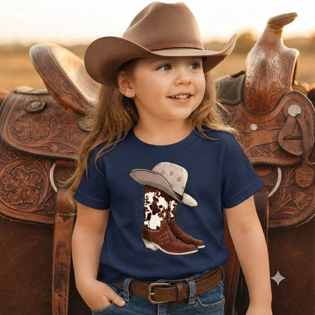 Camiseta Infantil Country Estampa Bota e Chapéu Feminina Menina Manga Curta Moça Menina Escola Roça