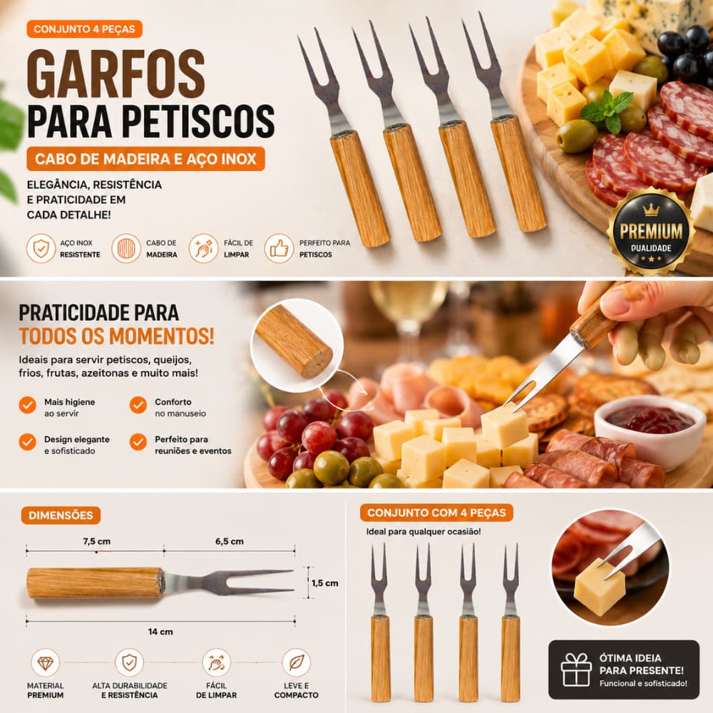 Kit Garfos para Petiscos 4 Peças Cabo de Madeira Aço Inox Queijos Frios Aperitivos