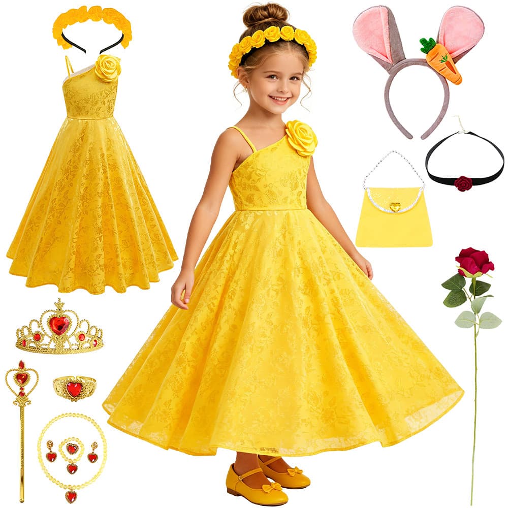 Festa De Halloween Meninas Coelho Judy Traje Amarelo Um Ombro Vestido De Princesa Com Flor Rosa 3D Elegante Até O Chão B