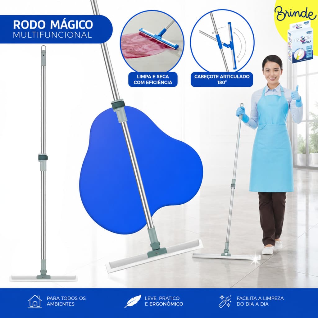 Rodo Silicone Vassoura Mágica 1,45m Extensivo Limpa Seca Pisos Vidros Rodo Clean Tech Profissional