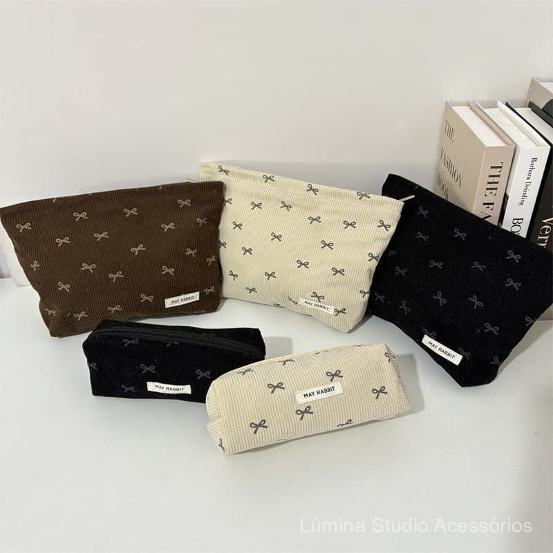 Bolsa de maquiagem de veludo cotelê com laço fofo, clutch portátil, bolsa de higiene pessoal de grande capacidade, bolsa