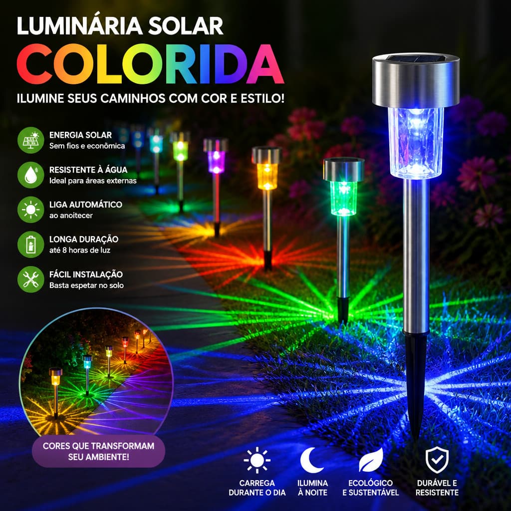 10 Unidades Luz Solar Tubular para Jardim, Decoração Externa, Luz Noturna Colorida Toda Cor