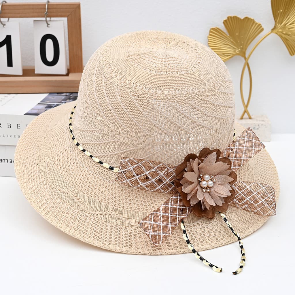 Chapéu de Palha Feminino para o Verão com Flores e Pérolas, Proteção Solar, Estilo Pescador, para Férias e Praia