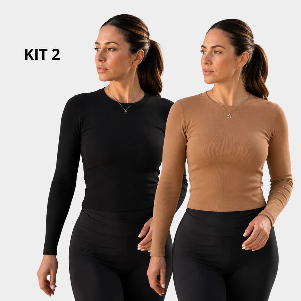 Kit 2 Blusas Canelada Manga Longa Feminina Ribana 100% Algodão Básica Gola Redonda