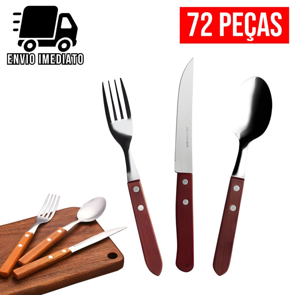 Jogo de Talheres 18 36 54 e 72 Peças Cabo de Madeira Aço Inox Faca de Ponta Colher e Garfo