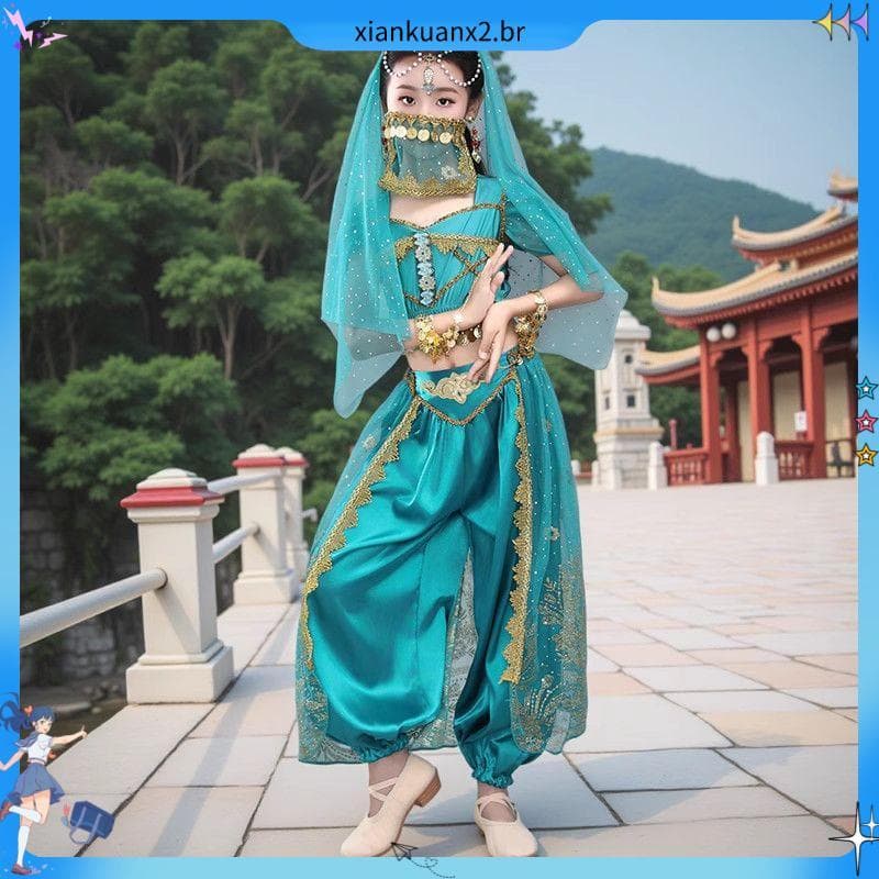 Crianças traje de dança indiana desempenho traje dança étnica traje ocidental exótico dança do ventre princesa jasmim