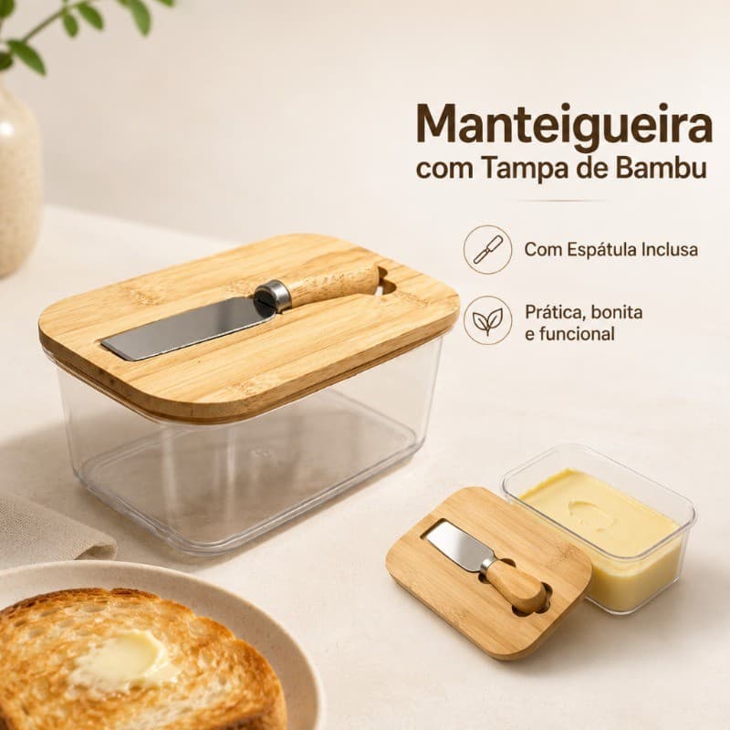 Manteigueira Porta-Frios com Tampa de Bambu e Espátula Porta Manteiga em Acrílico 700ml