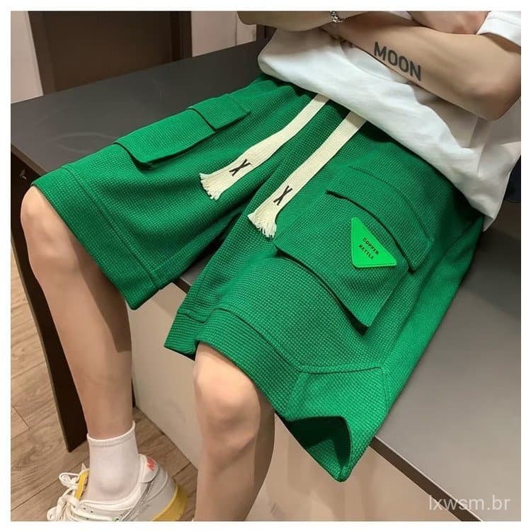 Calções Cargo Masculinos Verdes com Bolsos Grandes, Estilo Coreano, Calças Casuais Pretas de Verão, Tamanhos Grandes